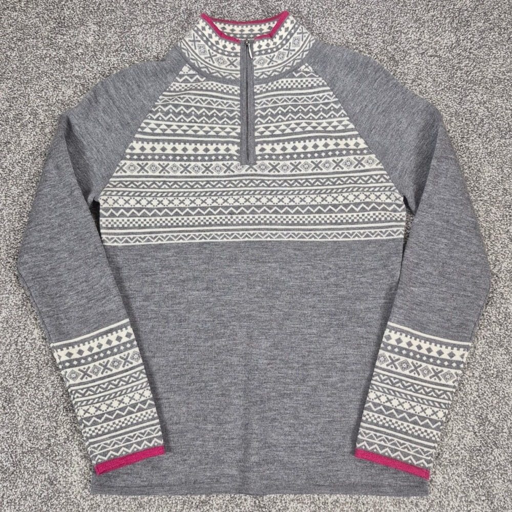 Krimson Klover 100% Wool Sweater Womens Medium Gray Nordic Fair Isle 1/4 Zip